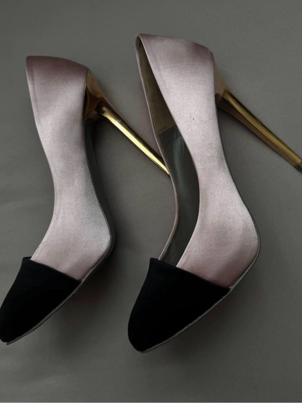 Versace Pink Satin Pumps with Black Cap Toe and Gold Stiletto
